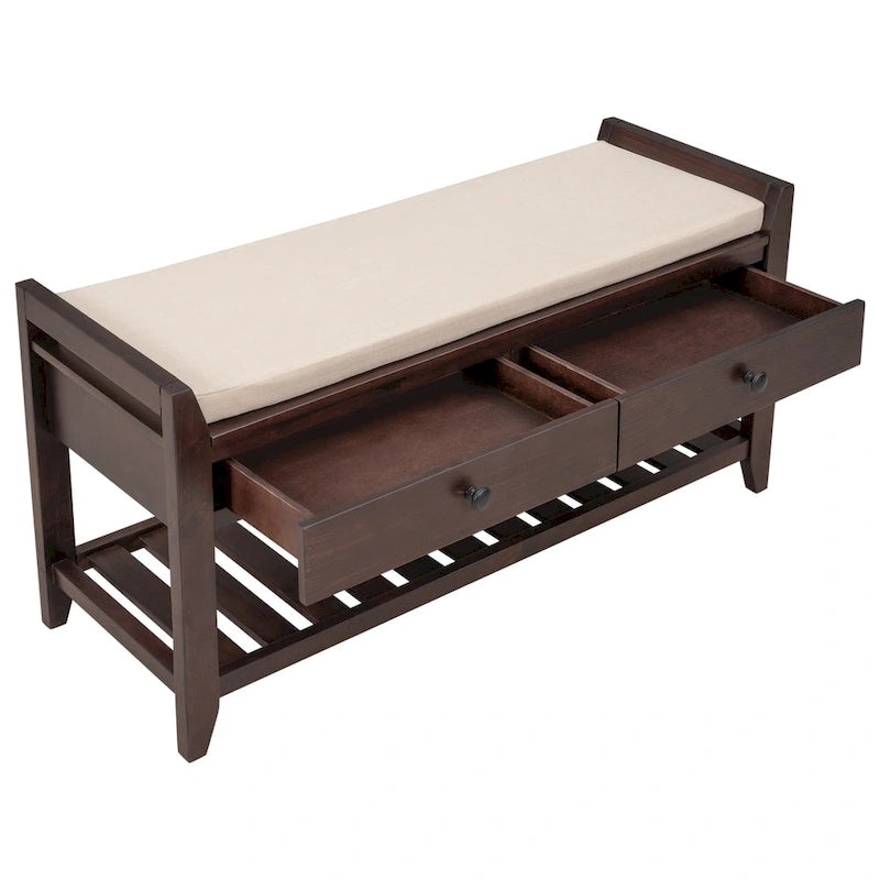 Cushioned Shoe Rack Bench with 2 Drawers and Open Shelf