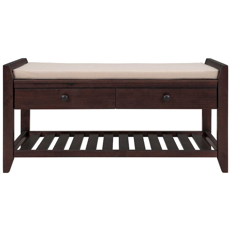 Cushioned Shoe Rack Bench with 2 Drawers and Open Shelf