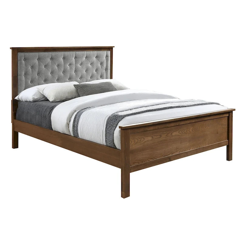Tête de lit capitonnée grise et pied de lit en bois pour grand lit